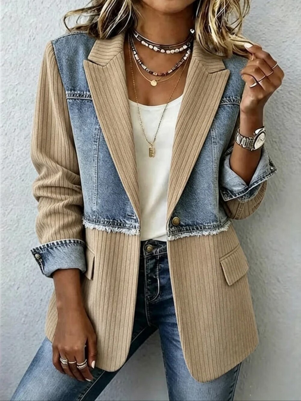 Light Blue Mixed-Media Denim Blazer Jacket - Picture 7 of 9